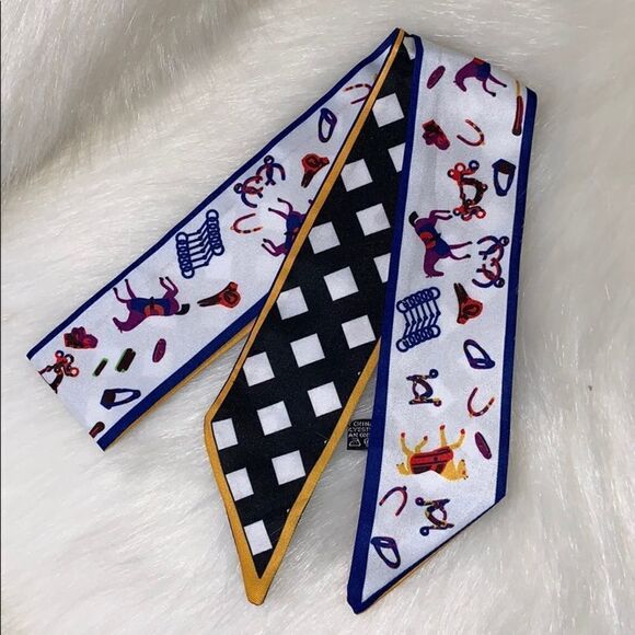 Silk Scarf Checkered Horse Twilly Bandeau Bag Tie - Picture 6 of 7